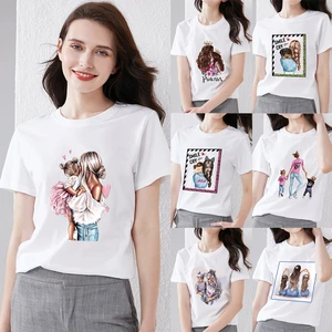 Womens Summer Daily Casual T-shirt Slim Family Mom Graphic Print Series Top Breathable O-neck Soft Top All-match Short Sleeve