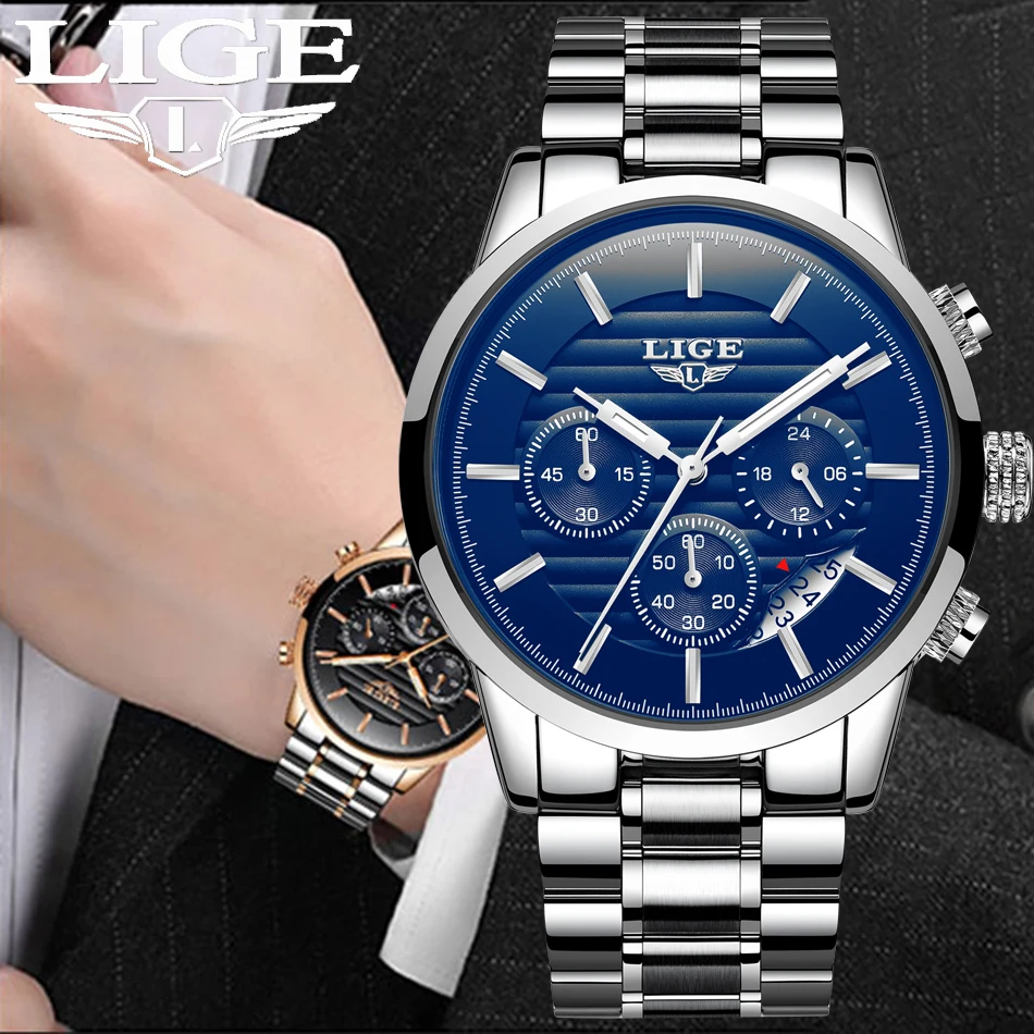 Часы наручные LIGE мужские с хронографом спортивные роскошные кварцевые Стальные