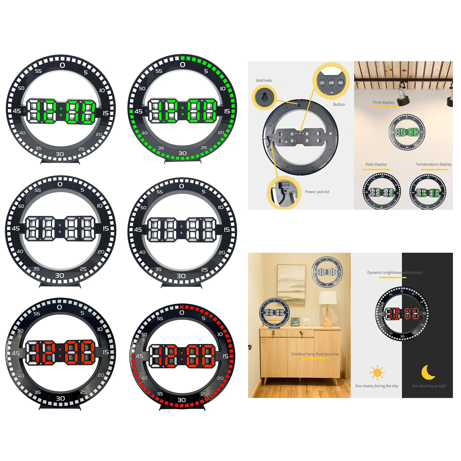 

Цифровые настенные часы 12 дюймов, круглые электронные USB-часы 12/24 часов, украшение