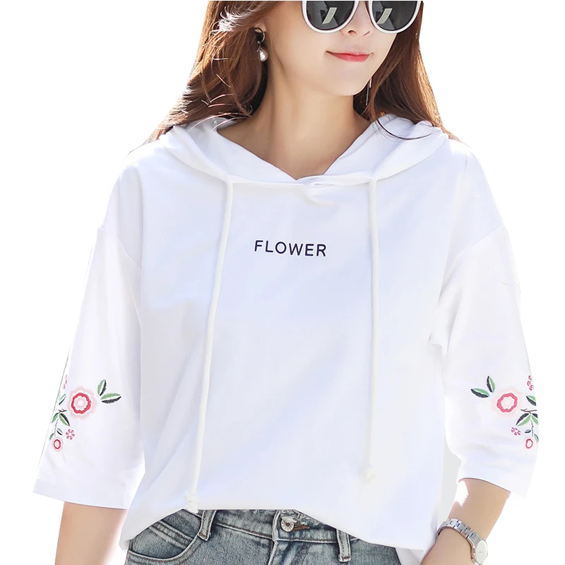 

Summer Hooded Embroidery Tshirt Women Half Sleeve Loose Plus Size White Tops Pullover Casual Tee Shirt Cotton Ladies Streetwear