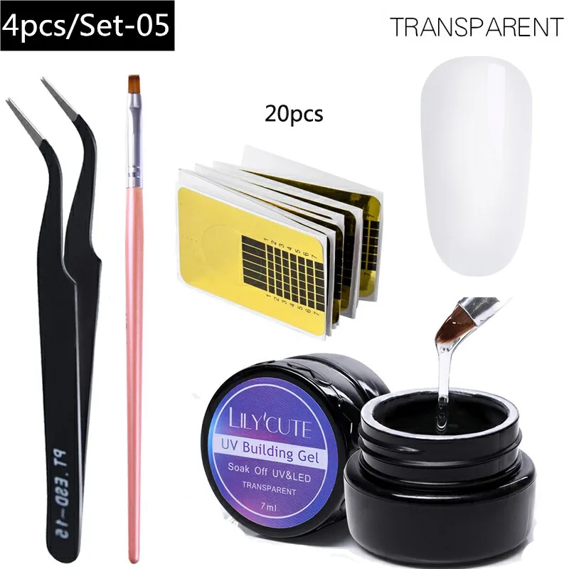 4Pcs -LC0 5 LILYCUTE 20ml Poly Extension Gel Kit Quick Building Gel White Clear LED Acrylic Builder Nail Tips Nail Art Gel Brush Tool Set - Цвет: 4Pcs -LC0 5