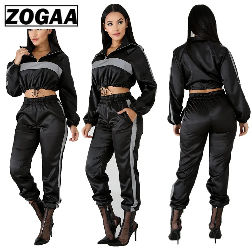 

ZOGAA Women's Reflective Tracksuits 2 Two Piece Sets Black Crop Tops + Pants Sweat Suit Sexy Club Outfits Matching Loose Clothes