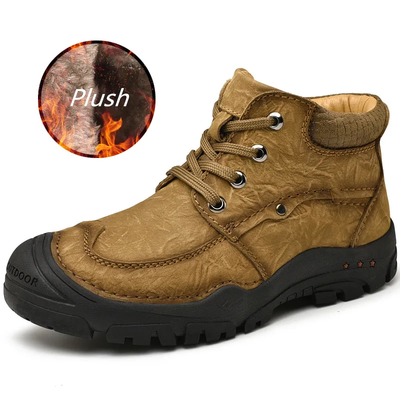 Brown-plush 01 Мужские ботинки из натуральной коровьей кожи; высококачественные ботильоны ручной работы; зимние ботинки; уличная осенне-зимняя обувь; мужские водонепроницаемые ботинки - Цвет: Brown-plush 01