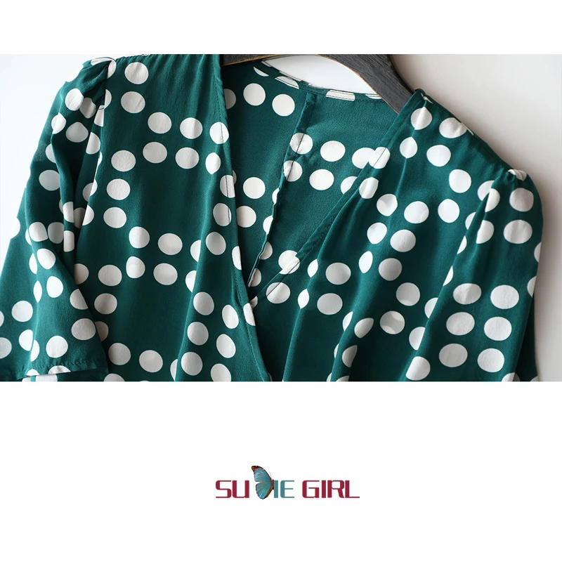 

SUDIE Girl Vintage Avocado Green ~ Elegant and stylish polka dot oblique placket V-neck tie silk double crepe tea break dress