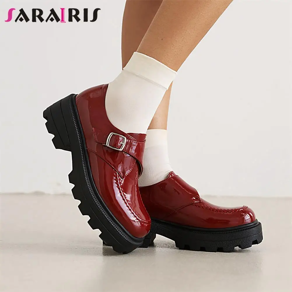 

Brand Designer Casual Brogue Shoes Women Platform Chunky Heels Shallow Buckle Plus Size 43 women's Flats Leisure Comfort Flats