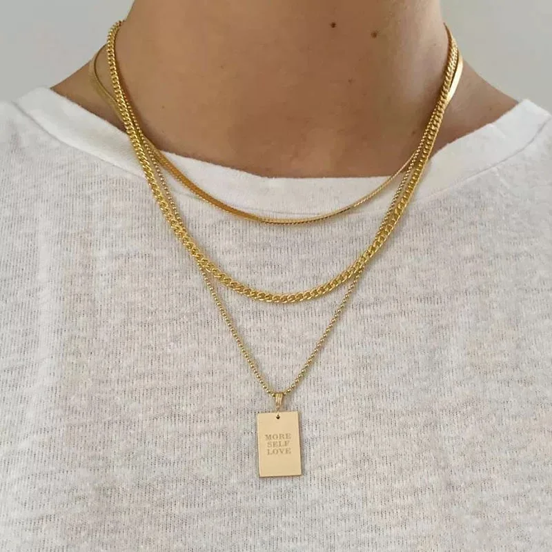Gold Rectangle Letter Pendant Necklace Stainless Steel Engrave Nameplated Ball Link Chain Jewelry Vintage Party Choker |