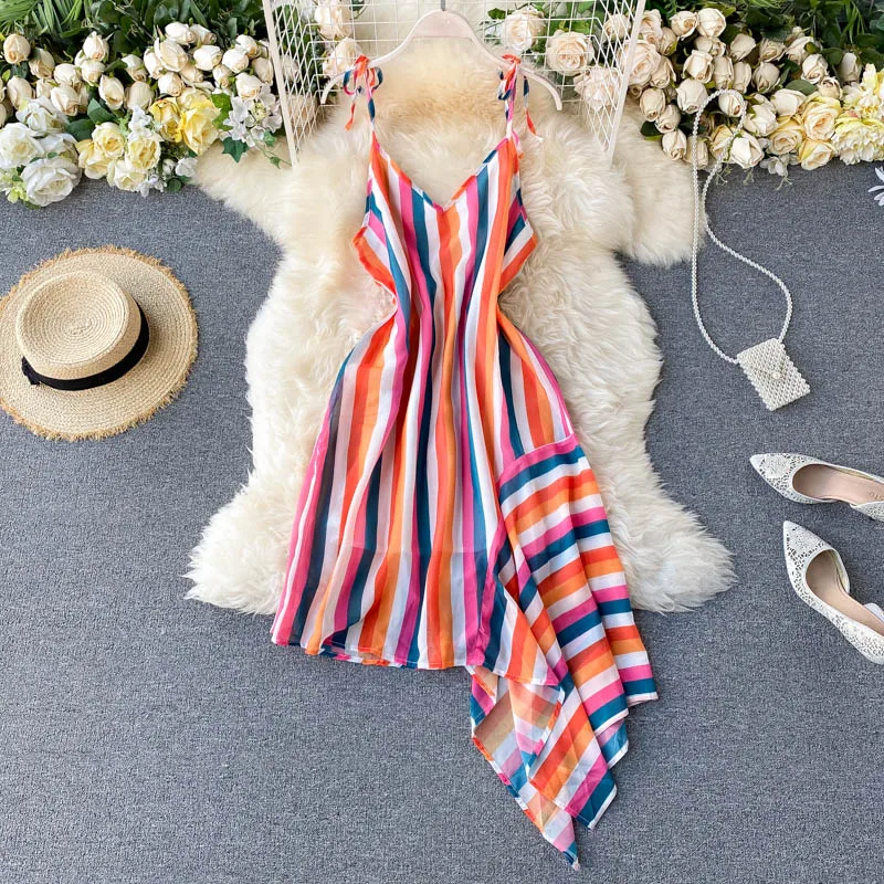 Праздничное платье новинка 2020 летнее в радужную полоску необычное женское |