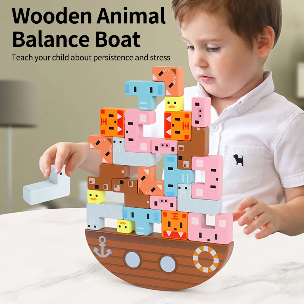 

Набор строительных блоков для животных, деревянная лодка для балансировки животных, блоки для укладки, игрушки Монтессори, креативная мила...