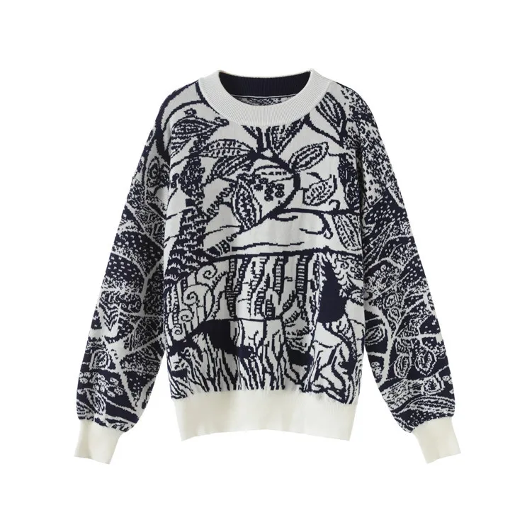 Женский жаккардовый свитер винтажный пуловер с круглым вырезом и изображением