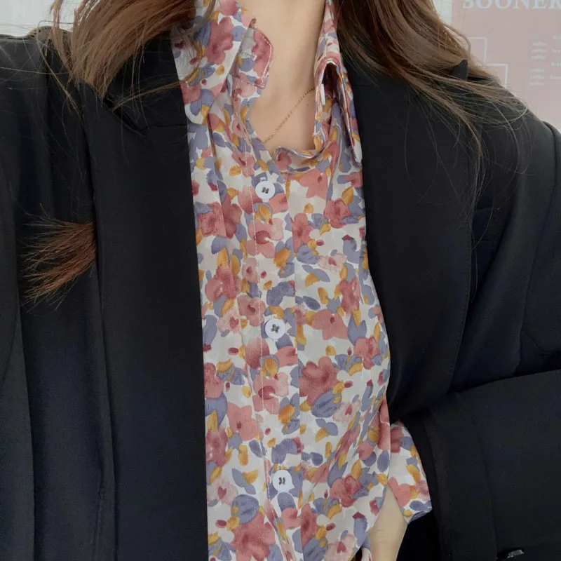 Женская шифоновая блузка Sungtin Тонкая с цветочным принтом винтажный шифоновый топ