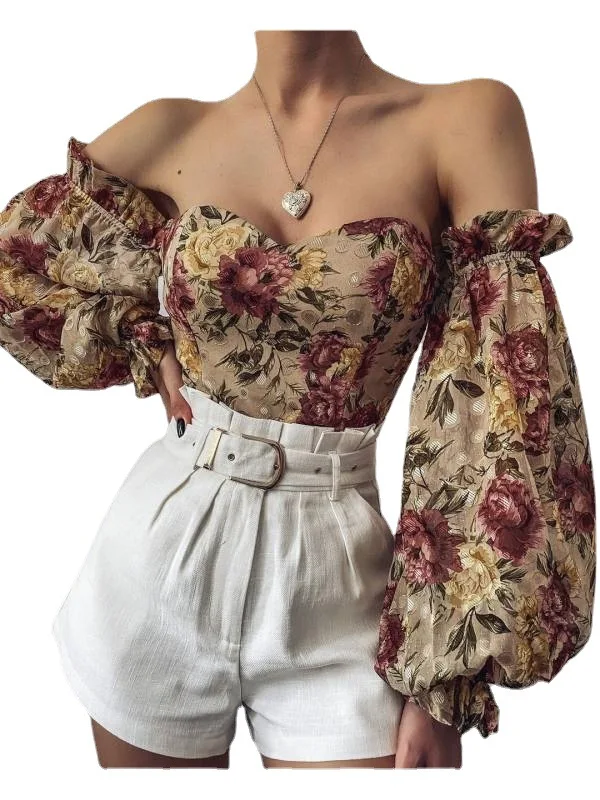 

Fashion Sexy Blouses Summer Floral Print Strapless Chiffon Shirt Women Halter Slash Neck Backeless Tops Off Shoulder Blusa