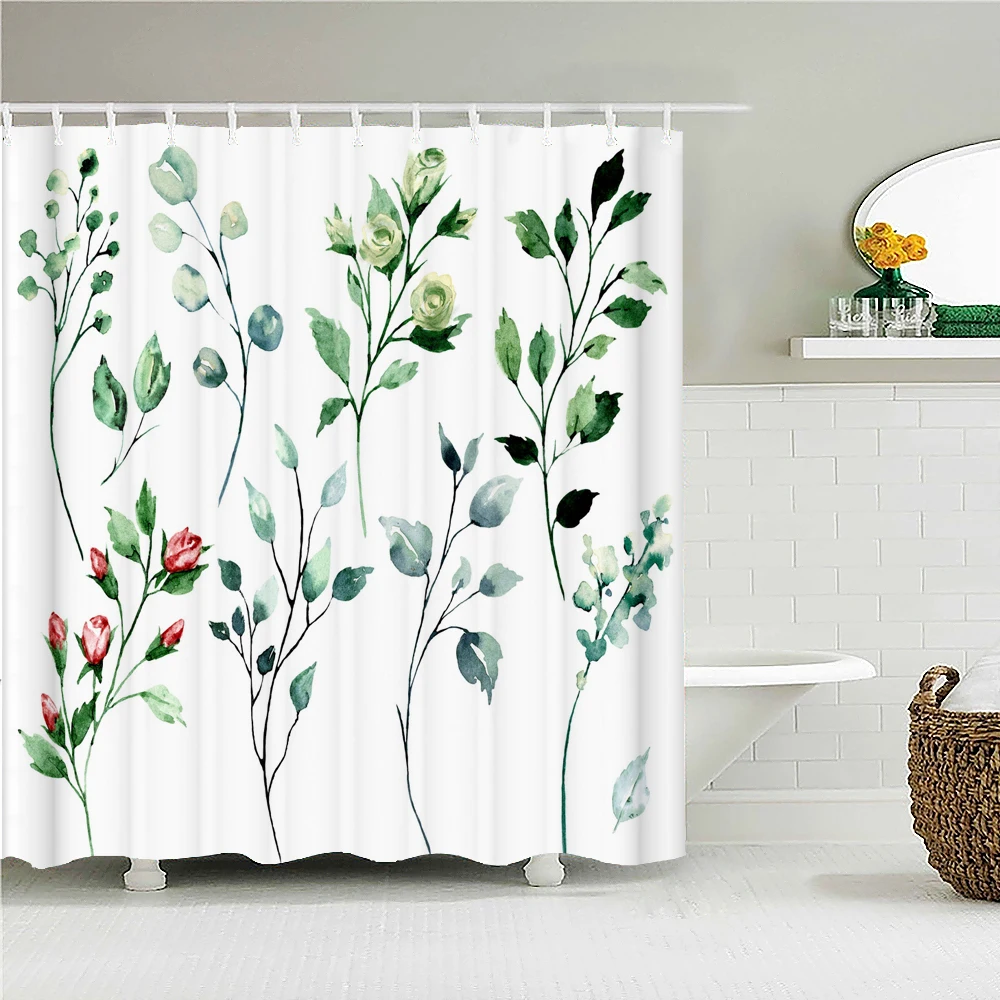 

Fresh Green Plant Flowers Leaves Shower Curtain Bathroom Curtains Waterproof Polyeste Fabric Bathtub Decor With Hooks 180X180cm