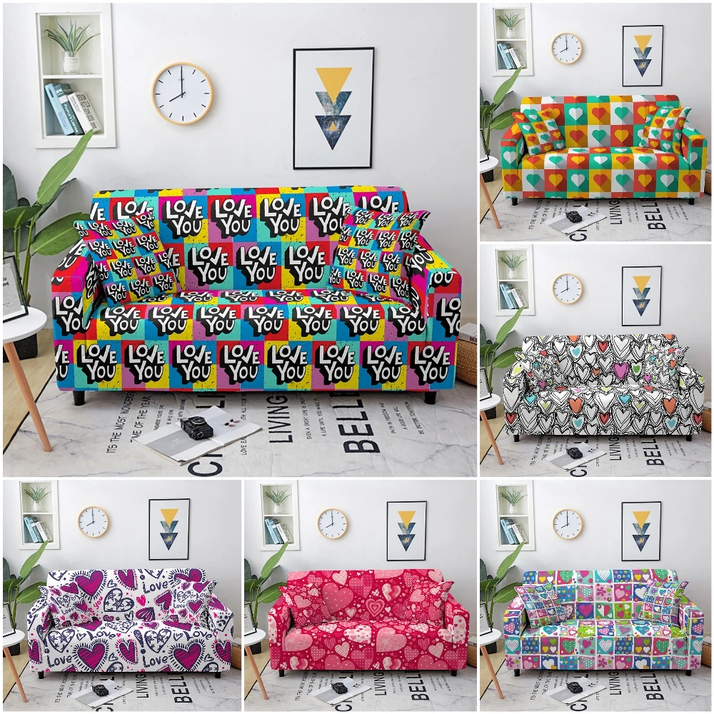 

Colorful Heart Pattern Sofa Covers For Living Room Elastic Sofa Cover 3 Seater Love Printed Stretch Couch Cover Sofa Protector