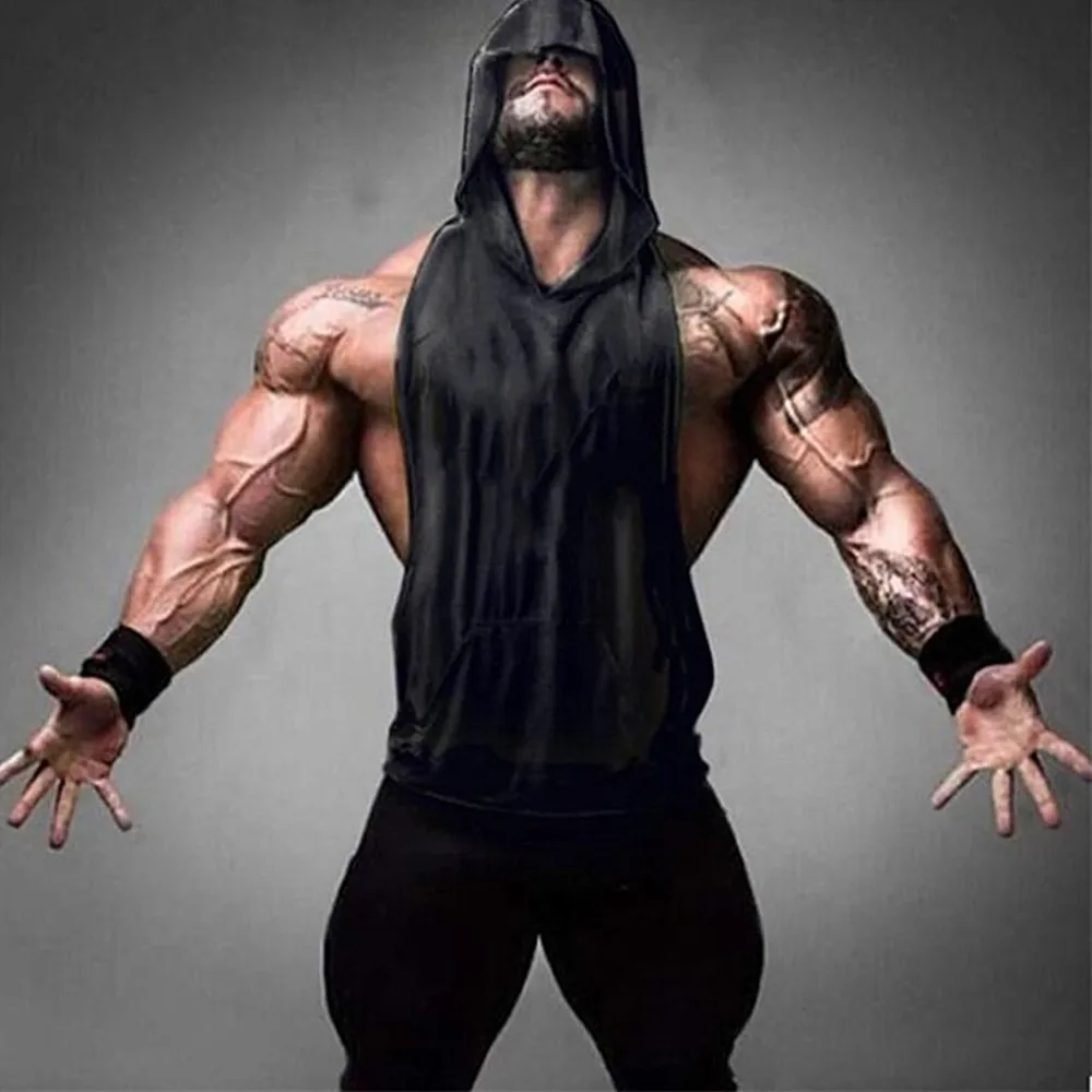 

Men Hoodies Tank Top Sleeveless Muscle Gym Sport Slim Vest Bodybuilding Elastic Hooded T Shirt Hip Hop Streetwear Workout Cloth