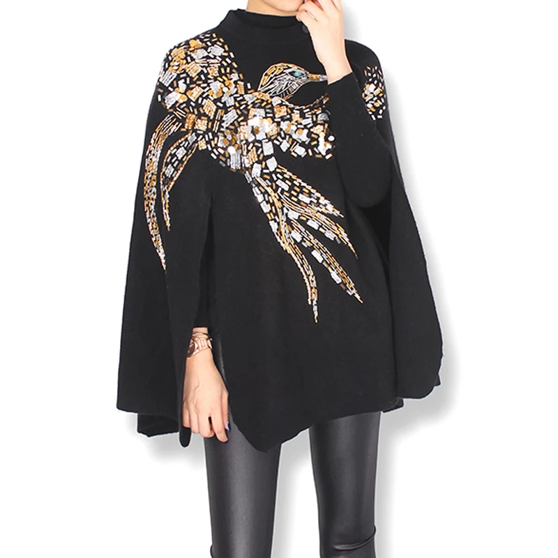 Knitted Cashmere Cloak Women Coat Birds Eagle Pattern Handmade Beading Sequins Embroidered Shwal Batwing Sleeve Coat 2019 Winter