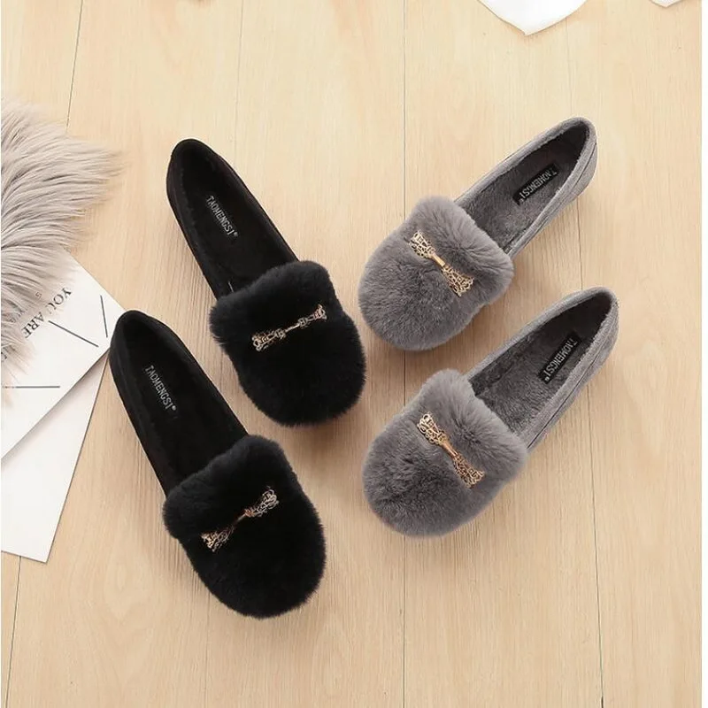 rabbit Fur Loafers Women Winter Plush Flats Slip On Warm Shoes Lady metal Buckle Moccasins Womens Comfortable Cotton Shoes