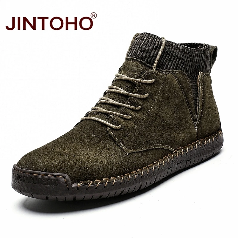 JINTOHO/мужские кожаные ботильоны большого размера; модная мужская обувь из натуральной кожи; Брендовые мужские ботинки; теплые зимние ботинки; зимние ботинки для работы
