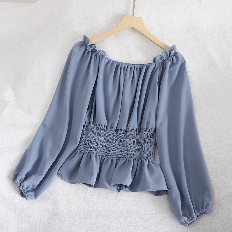 

HISUMA Summer Lantern Sleeve Slash Neck Women Pleated Ruffles Basic Shirt Lady Short Sexy Elastic Slim Waist Party Blouse Tops