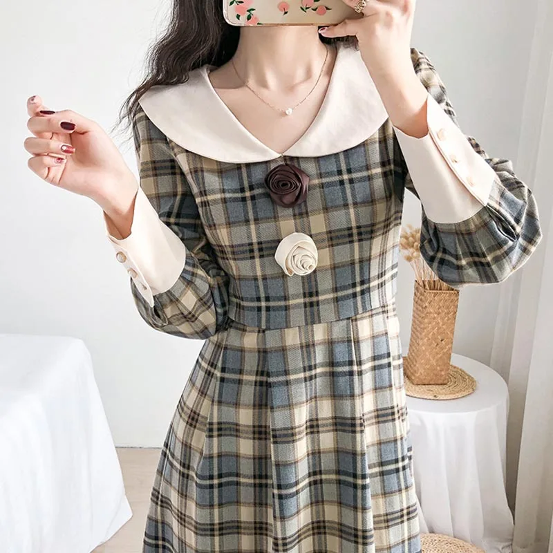 

One-Piece 2020 Spring Autumn Women Chic Dress French Hepburn Temperament Elegant Dress Sailor Collar Lattice Long Sleeved Dress