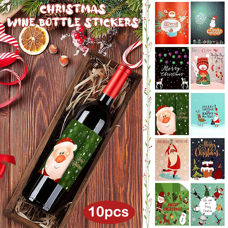 

10pcs Christmas Wine Bottle Label Sticker Creative Christmas Style Bottle Label Packaging Stickers For Holiday Party Bar Supplie