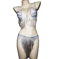 fashion shining inlaid diamonds bra short set silver crystal tassel women bikini nightclub costumes bar dance outfit