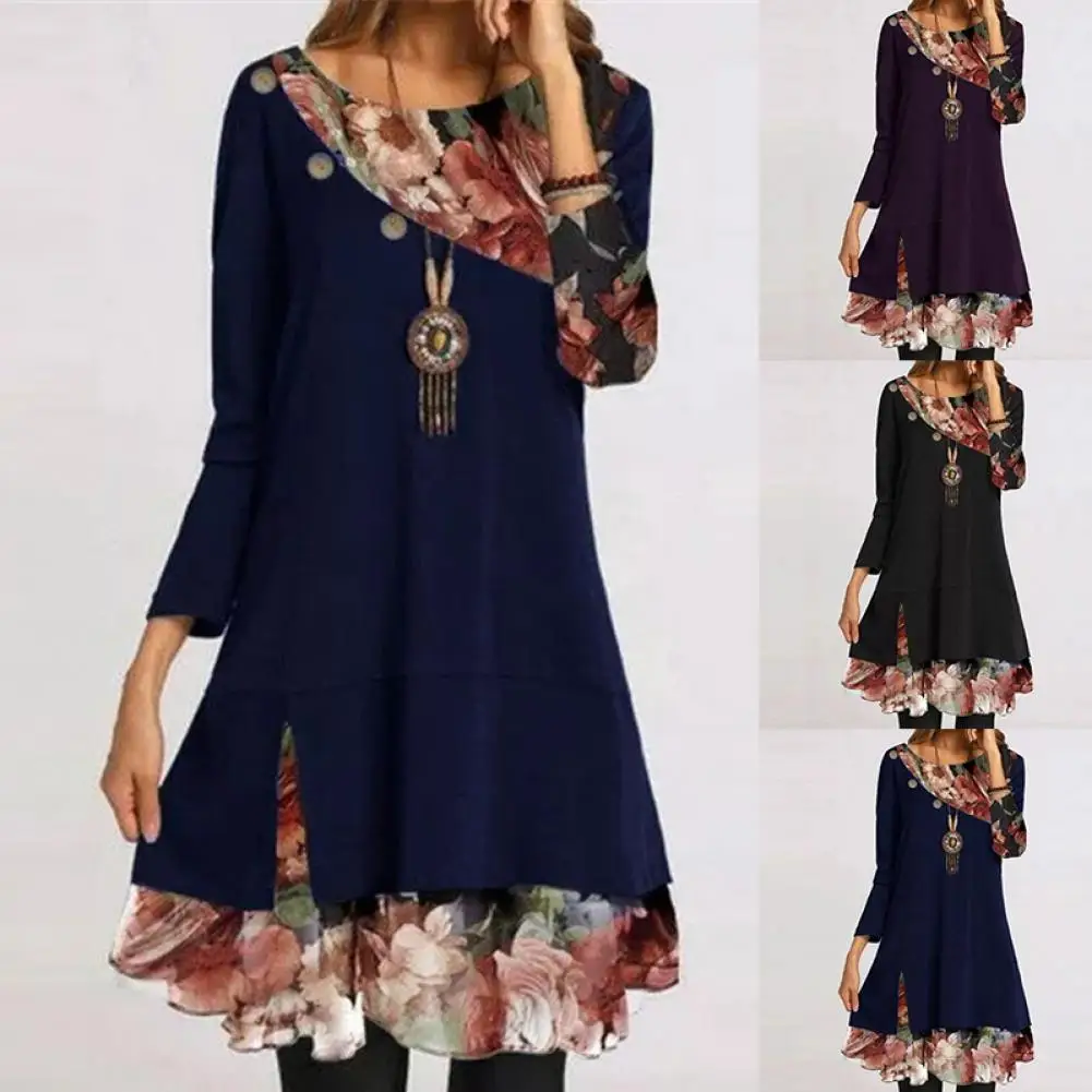 

Casual Elegant Dress Women Long Sleeve Print Chiffon Stitching Round Neck A-line Loose Casual Womens Mini Dress Plus Size2021New