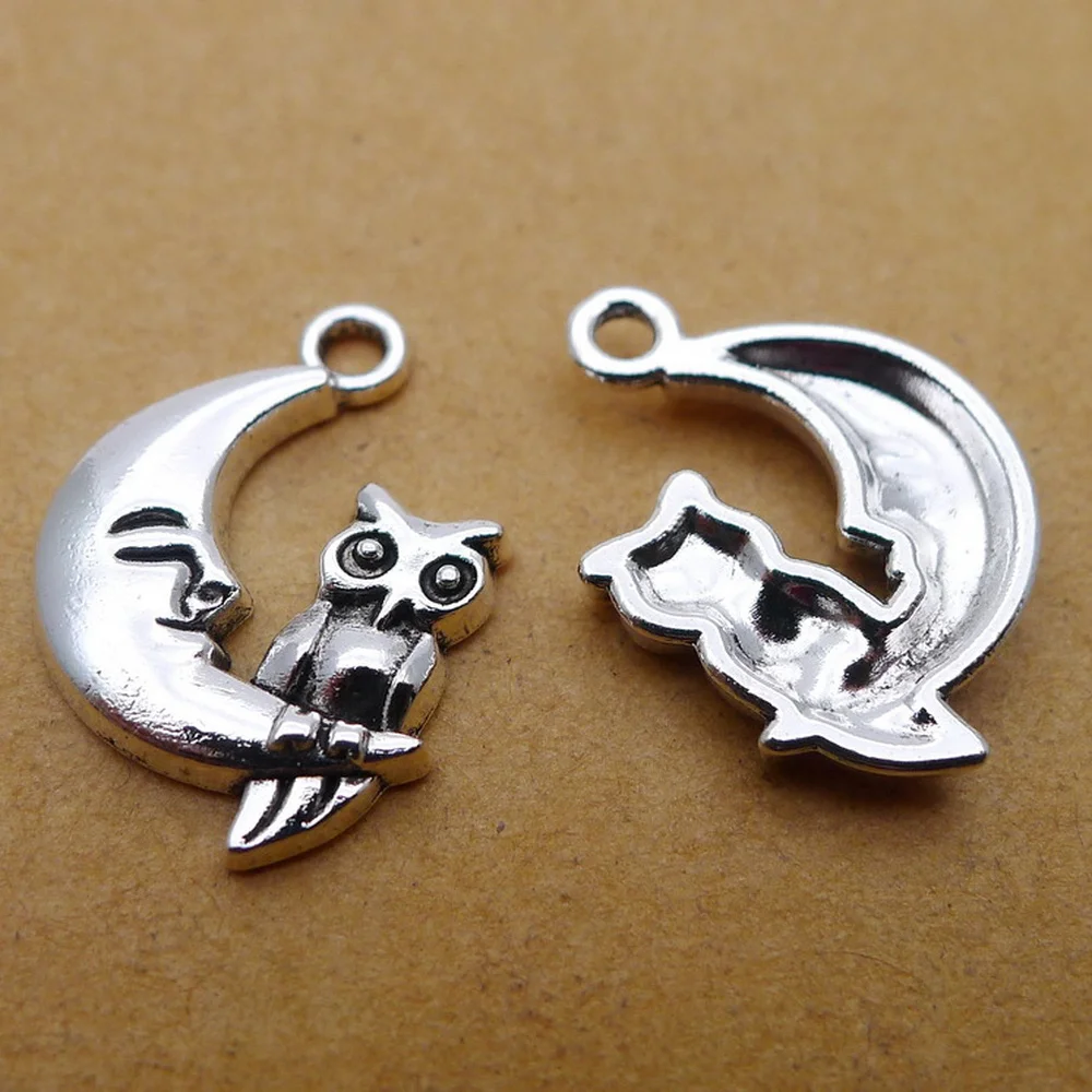 

150pcs Owl on Moon Charms 15mm x 20mm DIY Jewelry Making Pendant antique silver color