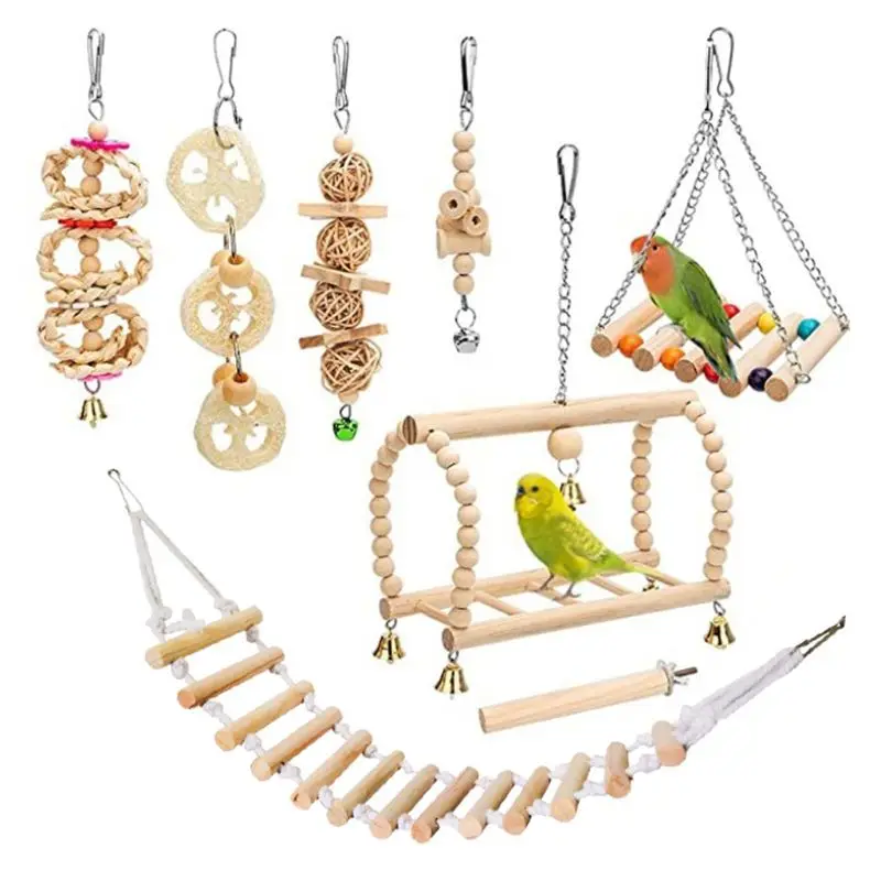 

8 Pcs/Set Birds Parrot Wooden Chewing Toys Climbing Hanging Swing with Bells Hammock Ladder Standing Perch Cage Accessories Toy