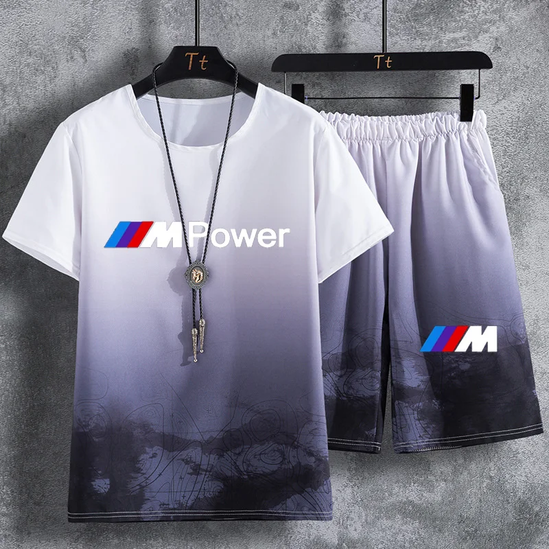 

Casual Trend Men's T-shirt Brand Bmw M car logo Printing Summer high quality cotton Gradient Men's short sleeve+shorts 2-piece s