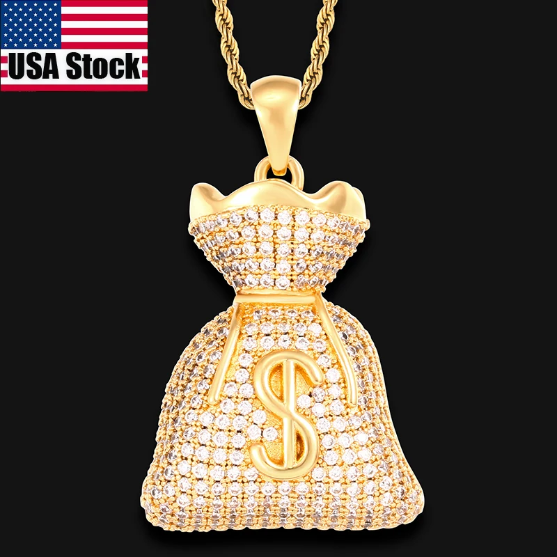 

Men Hip Hop US Dollar Money Bag Pendant With Tennis Chain Gold Color Bling Cubic Zircon Men's Hip Hop Jewelry Necklace For Gift