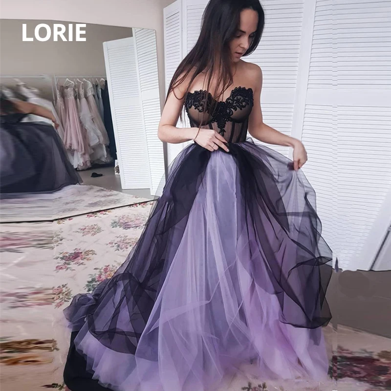 LORIE Свадебные платья на шнуровке фиолетовые с черной трапециевидной формы Свадебные платья с кружевной аппликацией вечерние платья для выпускного вечера для танцев