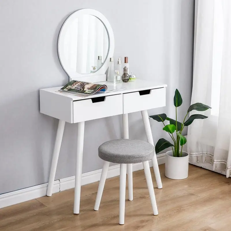 

80x40x128cm Dressing Table For Bedroom And Dimmable Light Mirror With Stool Modern Pine Makeup Table 2 Drawers Organizer HWC