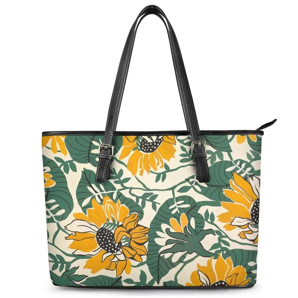 

Женская кожаная пляжная сумка через плечо, сумка-тоут с пальмовыми листьями/цветочным принтом, Женская Повседневная сумка с верхними ручка...