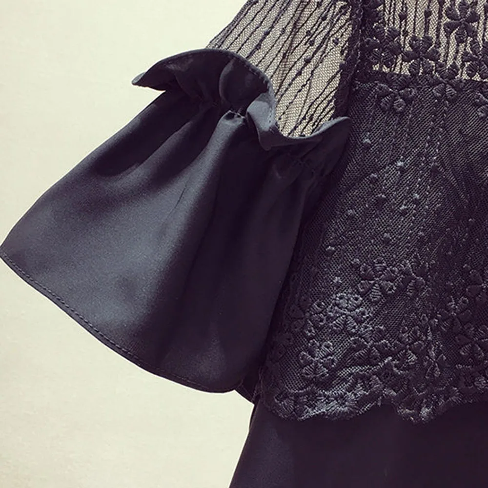 

Chiffion Women Blouses Tops Summer Korean Japan Style Solid Lace Patchwork Ruffle Sleeve Shirts Pullover Femme Black White