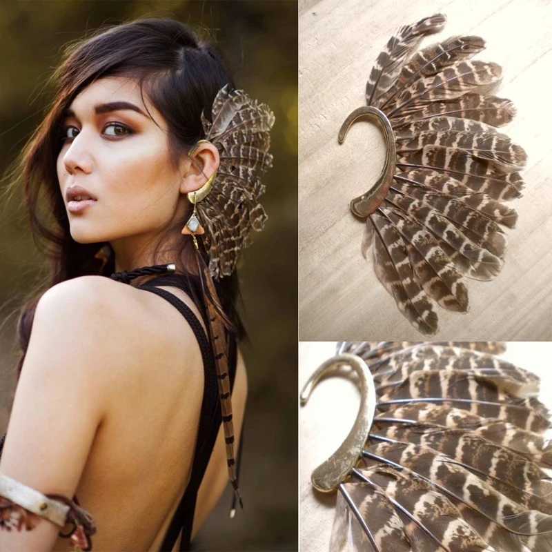 

Ethnic Unique 1Pc (Left) Unisex Big Feather Ear Cuff Non Piercing Gold Earrings For Women Men Afghan Indian Tribal Jewelry 2020