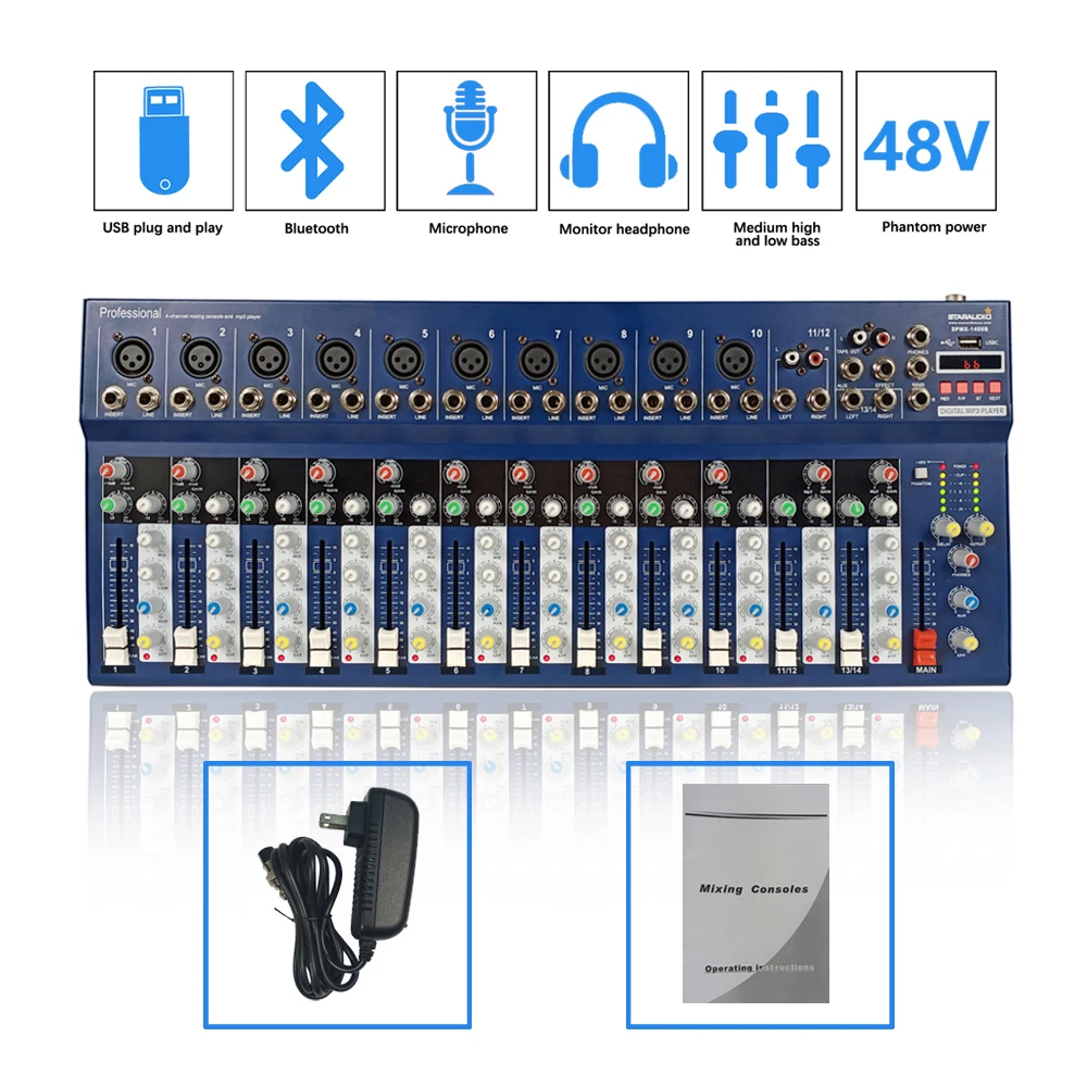 

STARAUDIO Professional 14-Channel Audio Mixer W/Effects Processor Studio Live Sound Mixing Console With Bluetooth USB SPMX-1400B