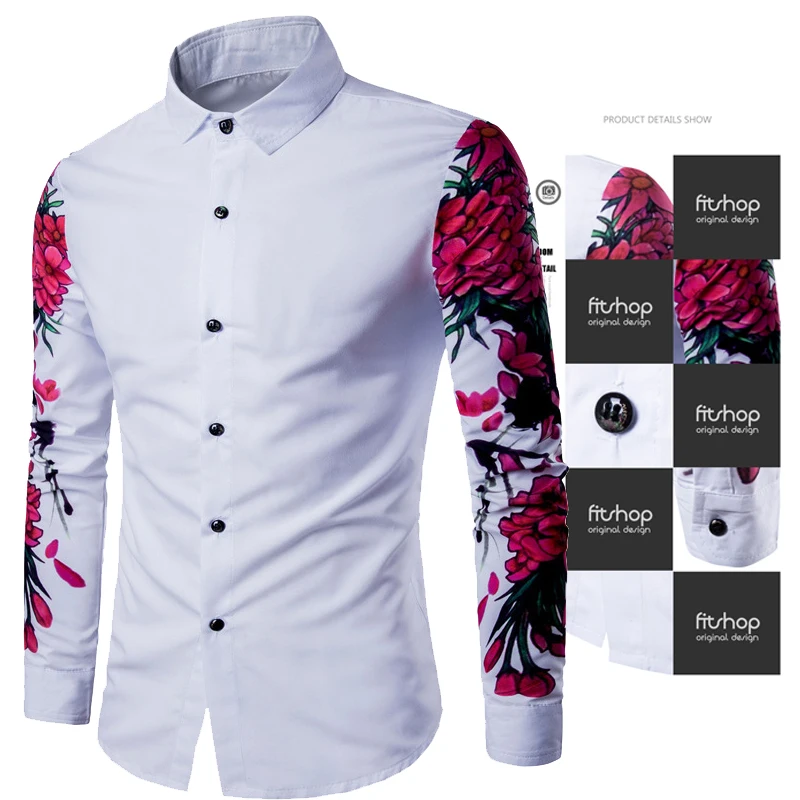 

Spring New Men's Slim Print Trendy Plum Blossom Sleeve Printed Men's Long Sleeve Shirt Mens Long Sleeve Print Shirt