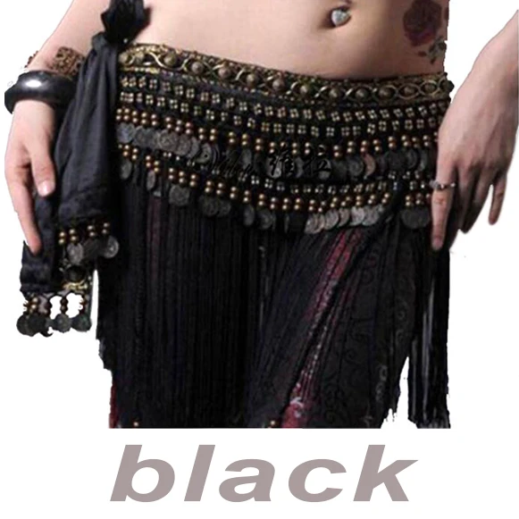Black Женский пояс для танца живота, сексуальный шарф с кисточками на бедрах, племенной медный костюм для танца монет, одежда, бахрома, цепочка на талию, аксессуары для танца живота - Цвет: Black