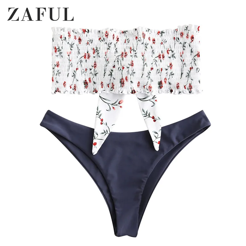 Jet Gray ZAFUL Бикини Растрепанный Растительный Принт Bandeau Bikini Set Женщины Без Бретелек Купальник Без Проводов Эластичный Купальник С Низкой Талией Без Подкладки - Цвет: Jet Gray