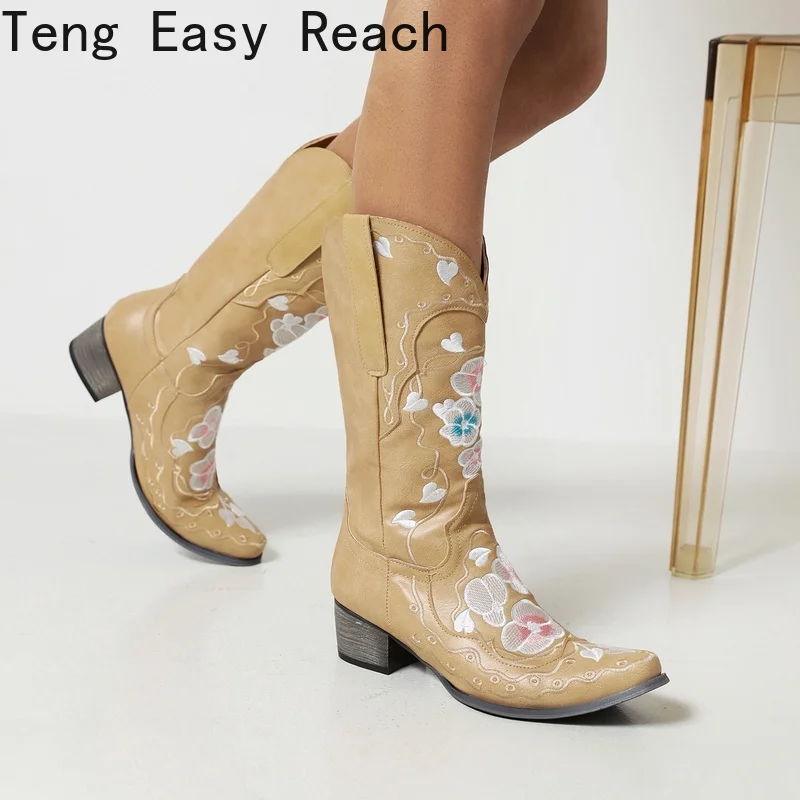 

Vintage Cowboy Boots Low Heel Autumn Winter Women Shoes British Embroidered Design Western Mid-calf Boots Party Femmes Bottes 41