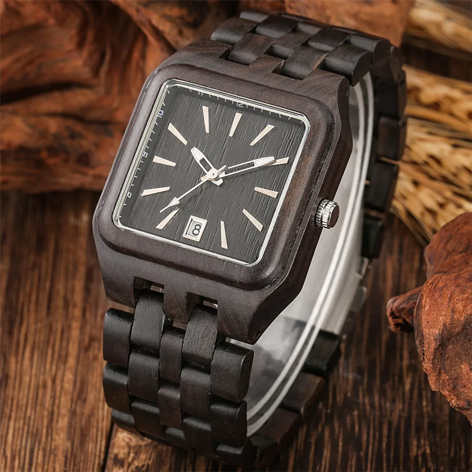 

Ebony Wood Square Shaped Dial Men Watch Quartz Timepiece Natural Full Wooden Wristband Business Auto Date Calendar Male Watches
