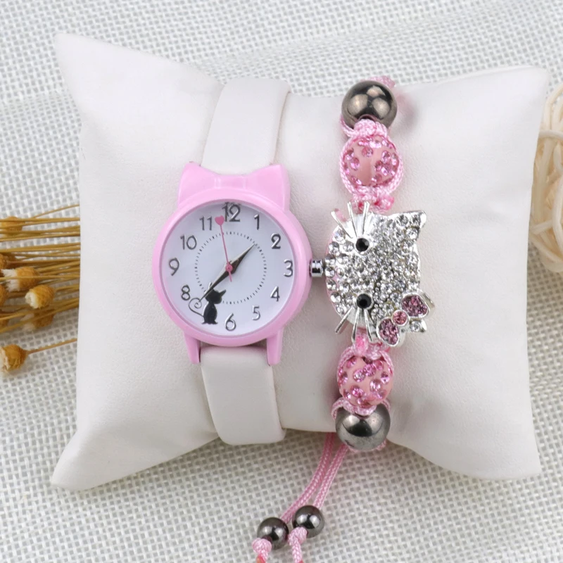 Модные женские часы Набор браслетов детские кожаный ремешок с кошкой подарки