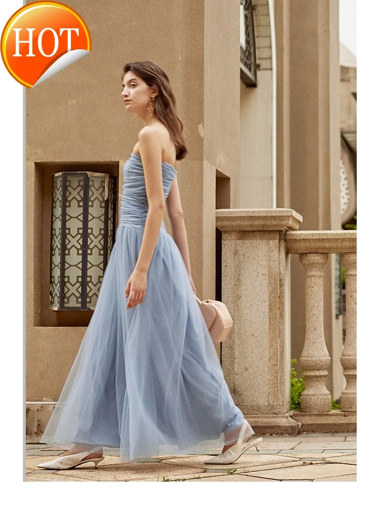 

original custom soft wind dress 2021 new summer haze blue one line bra waist long dress