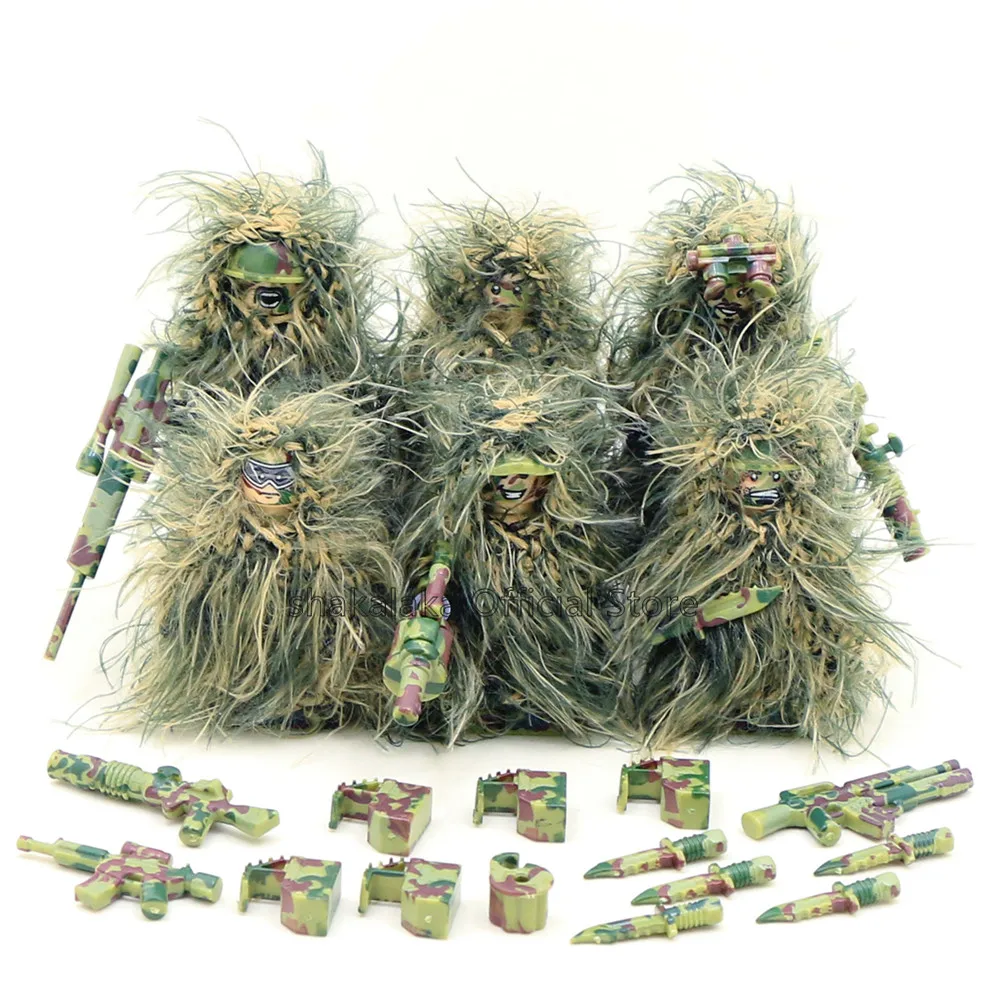 6pcs MILITARY Ghillie Suit Boat Camouflage Soldier Army WW2 SWAT DIY Building Blocks Figures Educational Toys Gift for Boys Sets