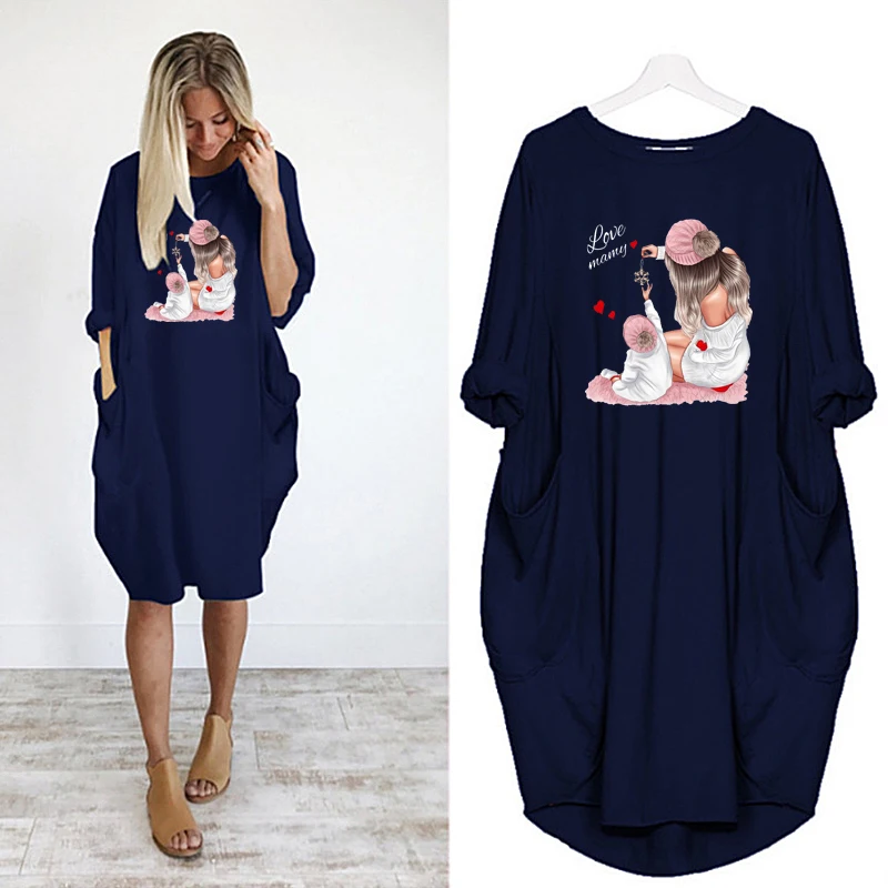 

Plus Size Ladies Dresses Long Sleeve Dress Women Mom Print Pocket Loose Harajuku Casual Robes Femme Vintage o Neck Party Vestido