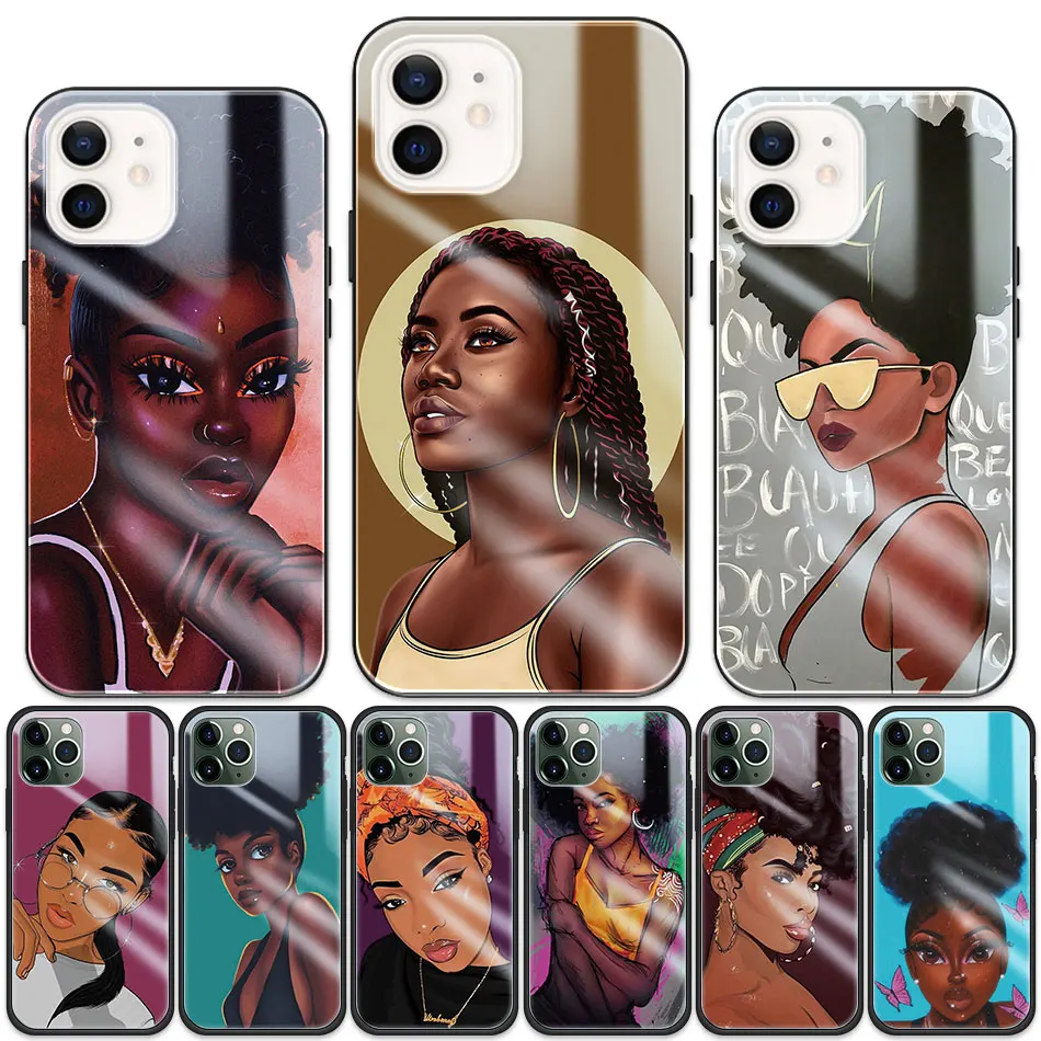 

Case For iPhone 11 13 12 Pro Max 7 X XR 12Mini XS Max 13 Mini 6 SE Tempered Glass Phone Cover Bumper African Beauty Girl