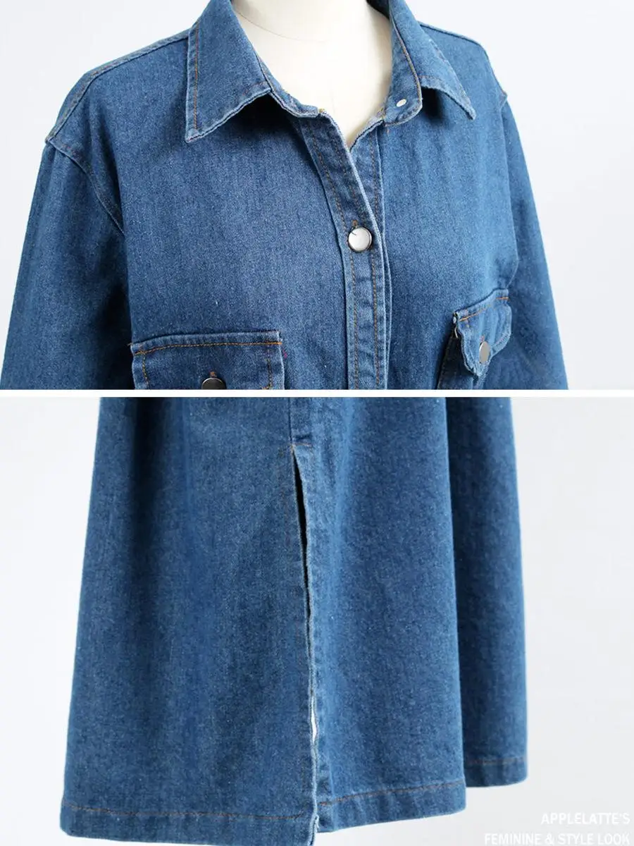L-4XL Autumn Women Plus size Denim Trench Coat Female Button Casual Blue Overalls Pocket Big Large Size Long Coats | Женская одежда