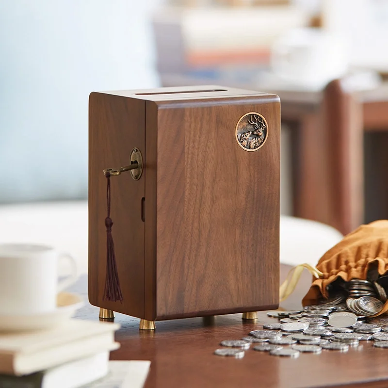 Запираемая копилка для денег черная ореховая деревянная банкнот сберегательная