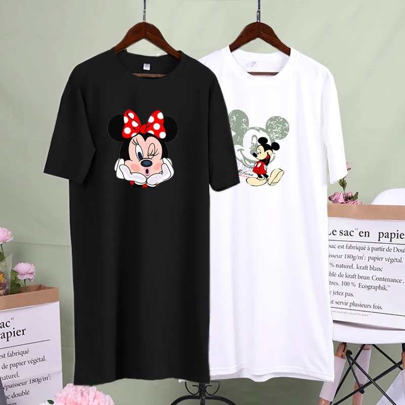 

Disney Cartoon Kawaii Dress Women Short Sleeve Casual Summer Dresses Minnie Mini Dress Mickey Mouse White Black Loose Wear