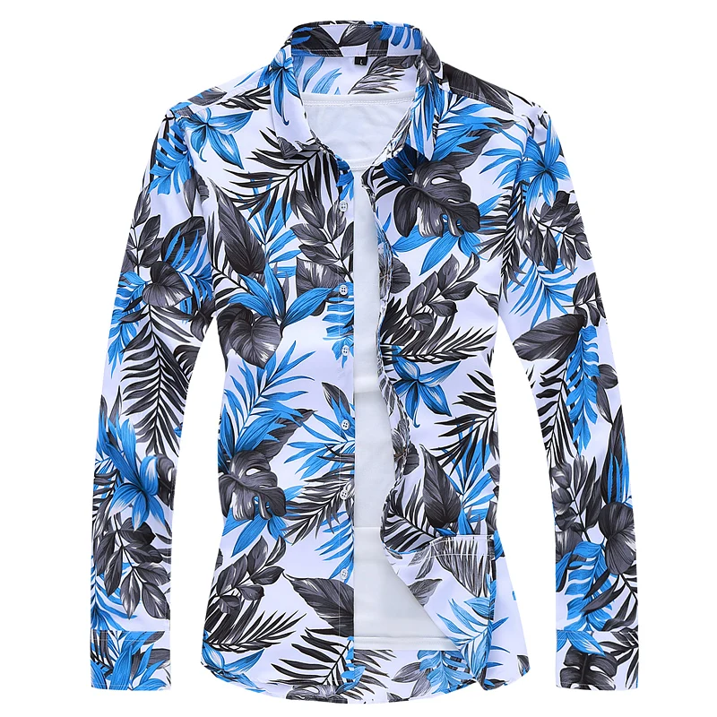 2021 Men Casual Shirt Long Sleeve Men's Floral Shirts Hawaii Casual Male Flower Print Beach Holiday Large Size 6XL 7XL